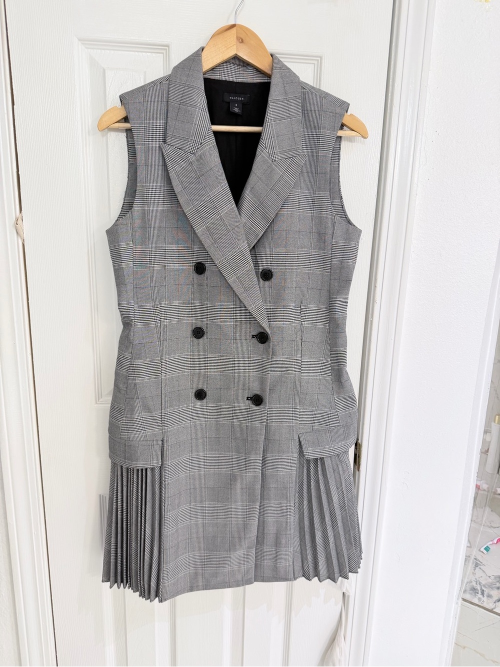 Halogen Gray Plaid Double-Breasted Sleeveless Blazer Dress